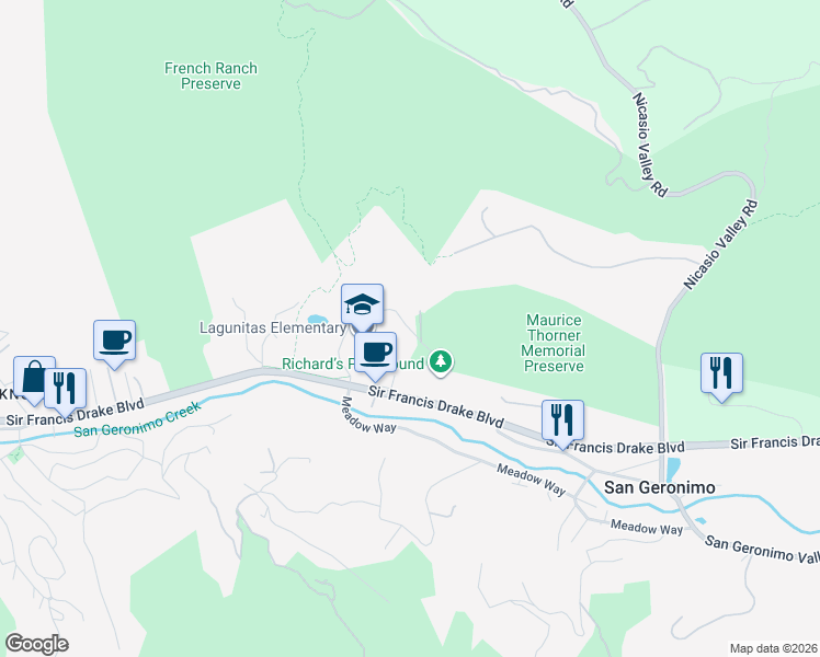 map of restaurants, bars, coffee shops, grocery stores, and more near Lagunitas School Road in San Geronimo