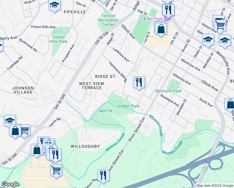 map of restaurants, bars, coffee shops, grocery stores, and more near 110 Roy's Place in Charlottesville