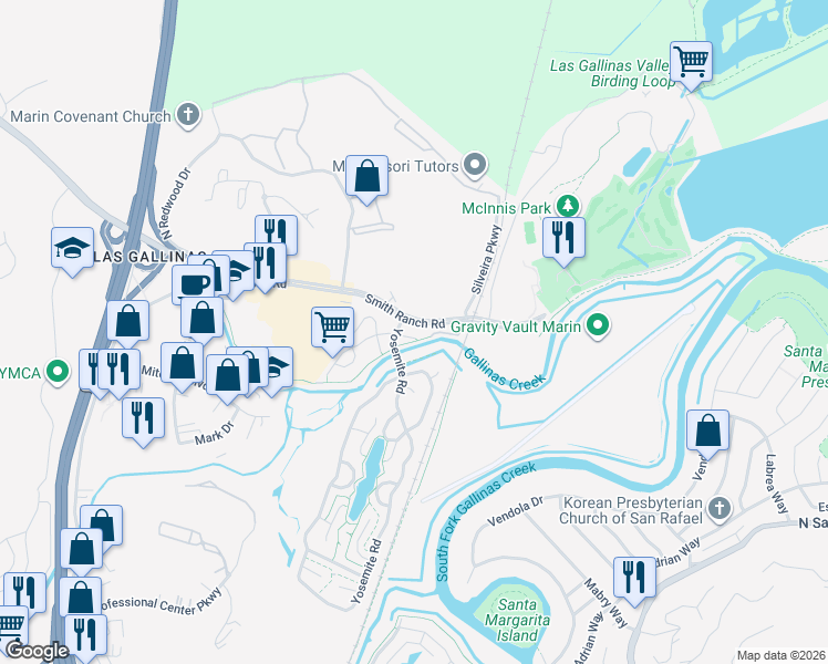 map of restaurants, bars, coffee shops, grocery stores, and more near 21 Keel Court in San Rafael