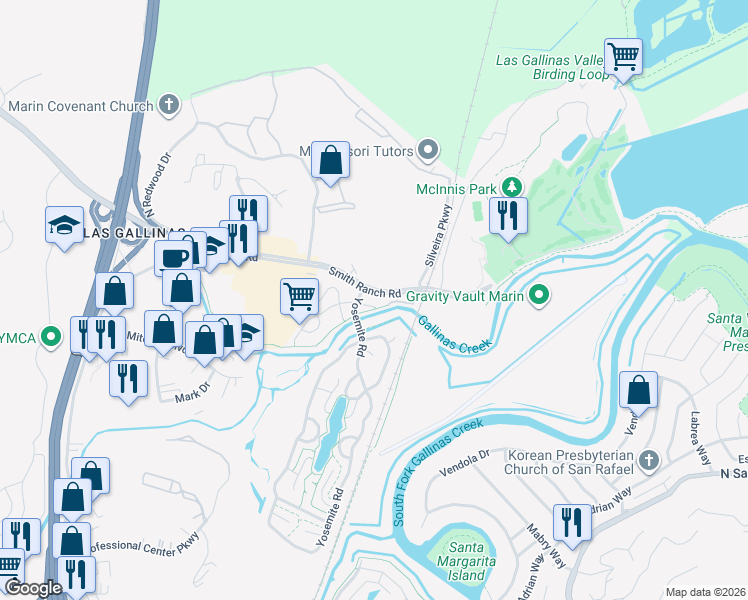 map of restaurants, bars, coffee shops, grocery stores, and more near 21 Keel Court in San Rafael