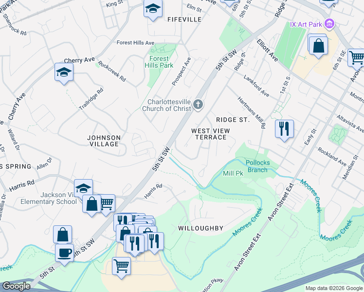 map of restaurants, bars, coffee shops, grocery stores, and more near 166 Brookwood Drive in Charlottesville