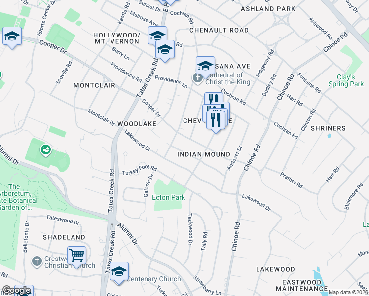 map of restaurants, bars, coffee shops, grocery stores, and more near 1178 Indian Mound Road in Lexington
