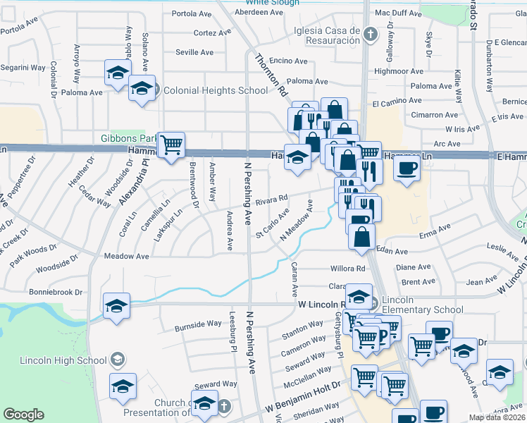 map of restaurants, bars, coffee shops, grocery stores, and more near 7439 Saint Carlo Avenue in Stockton