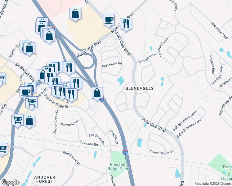 map of restaurants, bars, coffee shops, grocery stores, and more near 2093 Shaker Run Road in Lexington
