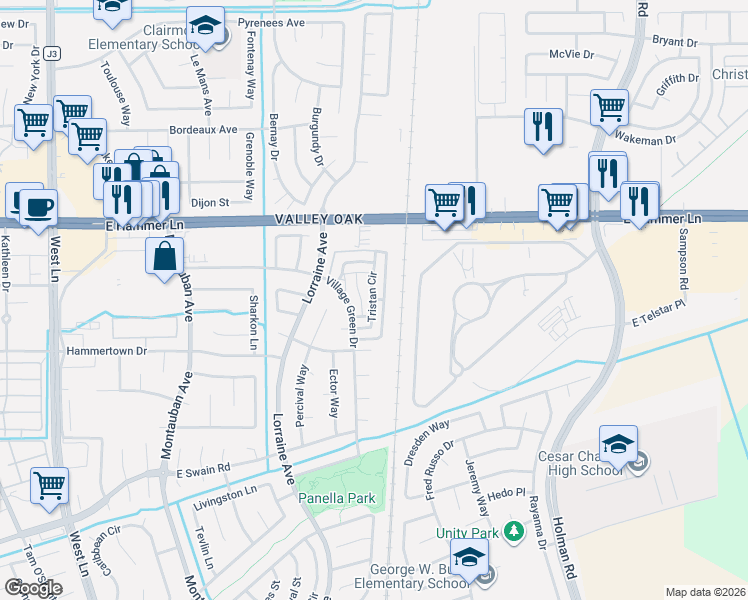 map of restaurants, bars, coffee shops, grocery stores, and more near 7128 Tristan Circle in Stockton