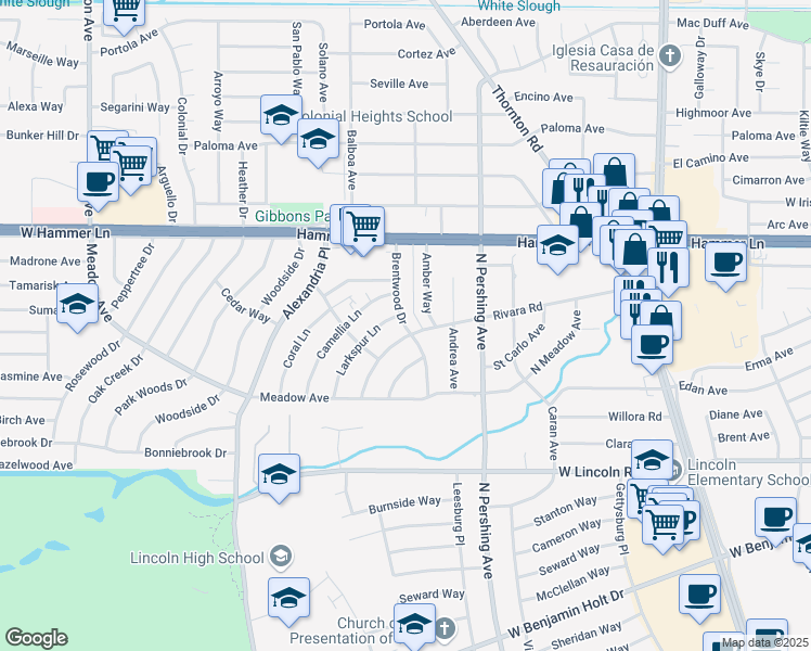 map of restaurants, bars, coffee shops, grocery stores, and more near 7762 Camellia Lane in Stockton