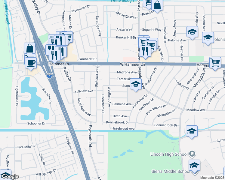 map of restaurants, bars, coffee shops, grocery stores, and more near 2803 Sumac Avenue in Stockton