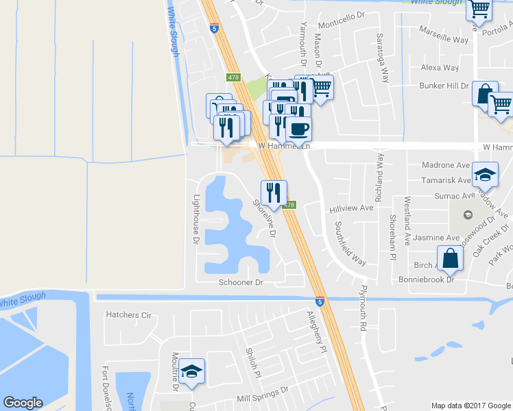 map of restaurants, bars, coffee shops, grocery stores, and more near 7565 Shoreline Drive in Stockton