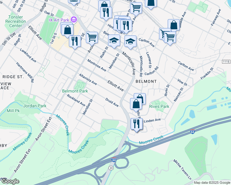 map of restaurants, bars, coffee shops, grocery stores, and more near 916 Elliott Avenue in Charlottesville