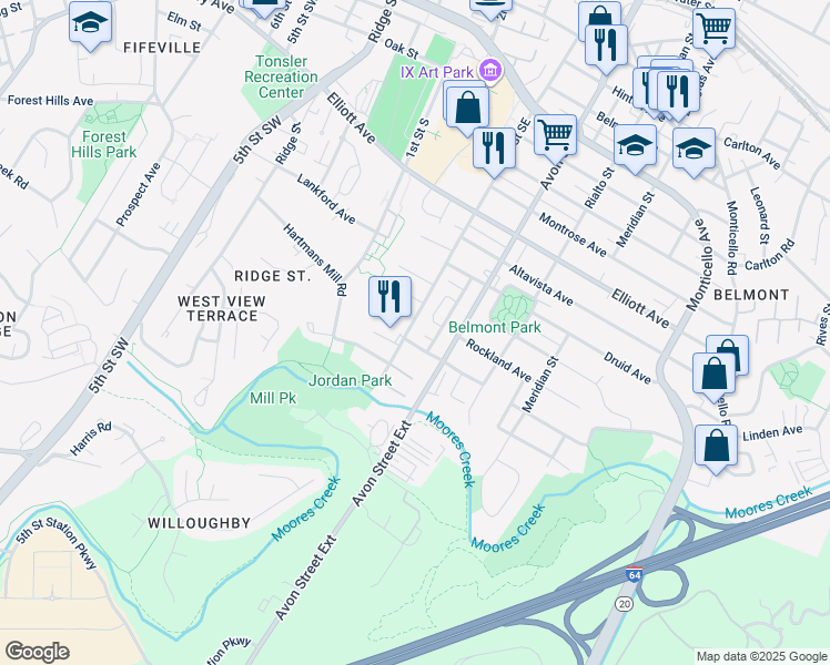 map of restaurants, bars, coffee shops, grocery stores, and more near 1508 Rosa Terrace in Charlottesville