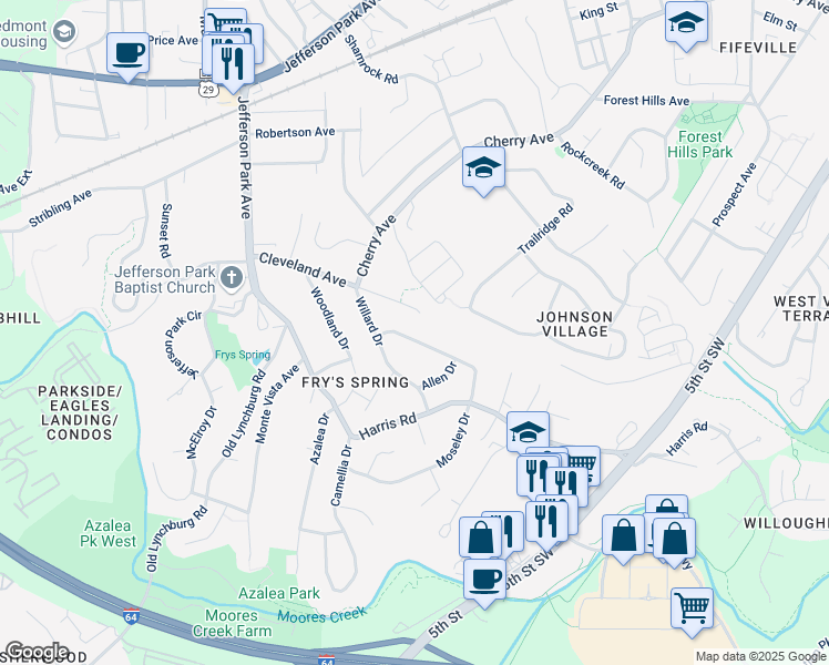 map of restaurants, bars, coffee shops, grocery stores, and more near 334 Cleveland Avenue in Charlottesville