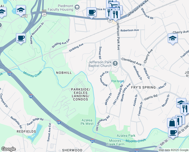 map of restaurants, bars, coffee shops, grocery stores, and more near 264 Huntley Avenue in Charlottesville