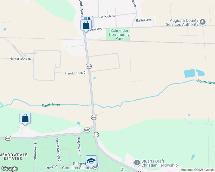 map of restaurants, bars, coffee shops, grocery stores, and more near 366 Draft Avenue in Stuarts Draft