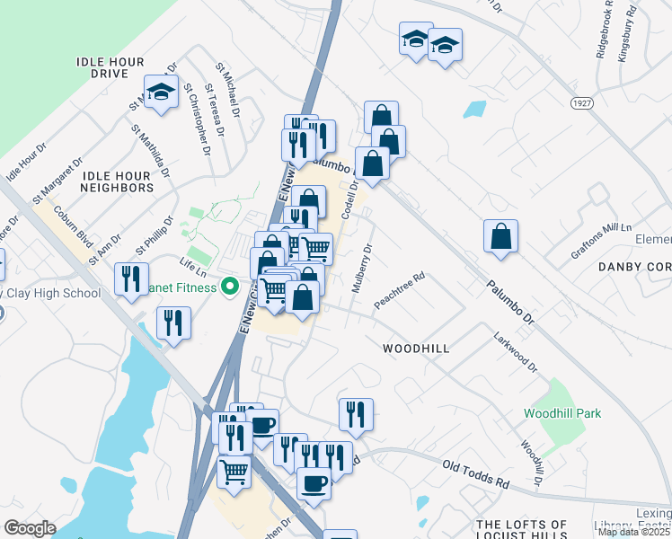 map of restaurants, bars, coffee shops, grocery stores, and more near 405 Codell Drive in Lexington