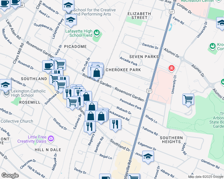 map of restaurants, bars, coffee shops, grocery stores, and more near 152 Suburban Court in Lexington