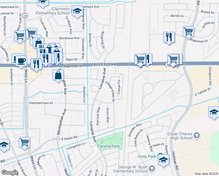 map of restaurants, bars, coffee shops, grocery stores, and more near 7330 Tristan Circle in Stockton