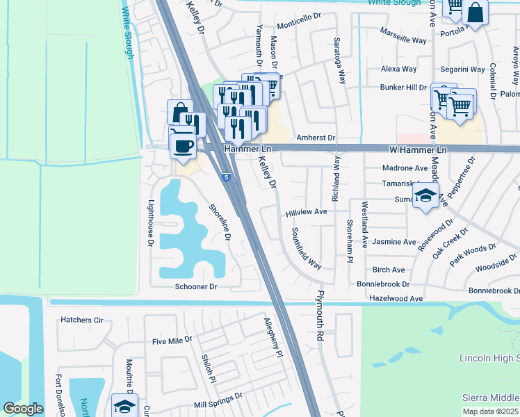 map of restaurants, bars, coffee shops, grocery stores, and more near 7533 Karlsberg Circle in Stockton