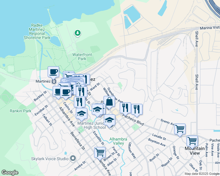 map of restaurants, bars, coffee shops, grocery stores, and more near 925 Grandview Avenue in Martinez