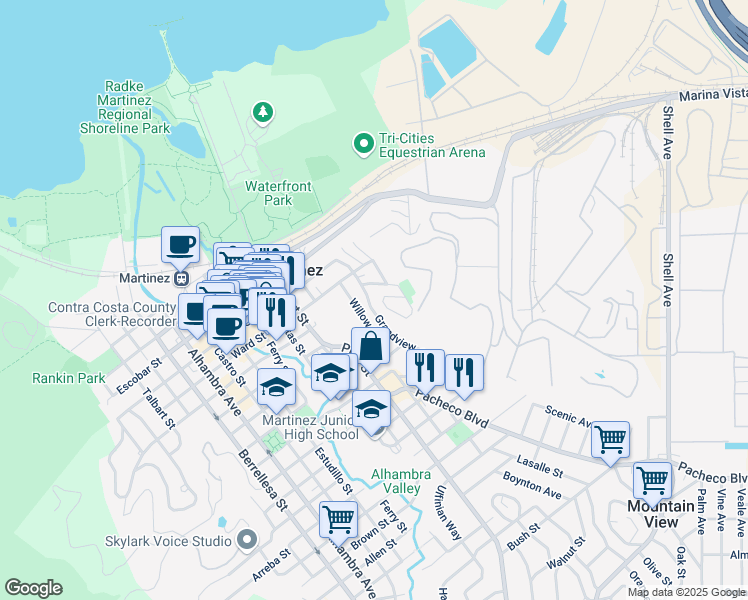 map of restaurants, bars, coffee shops, grocery stores, and more near 925 Grandview Avenue in Martinez