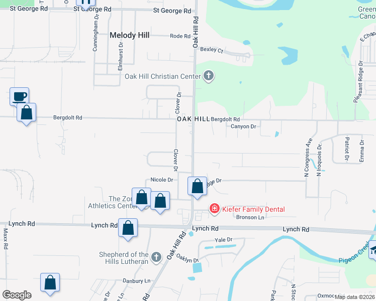 map of restaurants, bars, coffee shops, grocery stores, and more near 4408 Oak Hill Road in Evansville