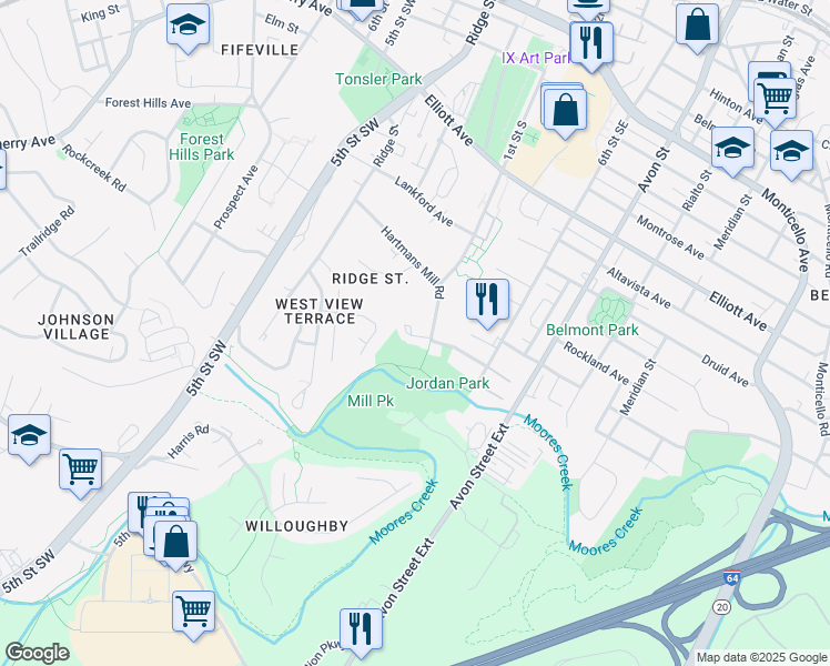 map of restaurants, bars, coffee shops, grocery stores, and more near 132 Roy's Place in Charlottesville