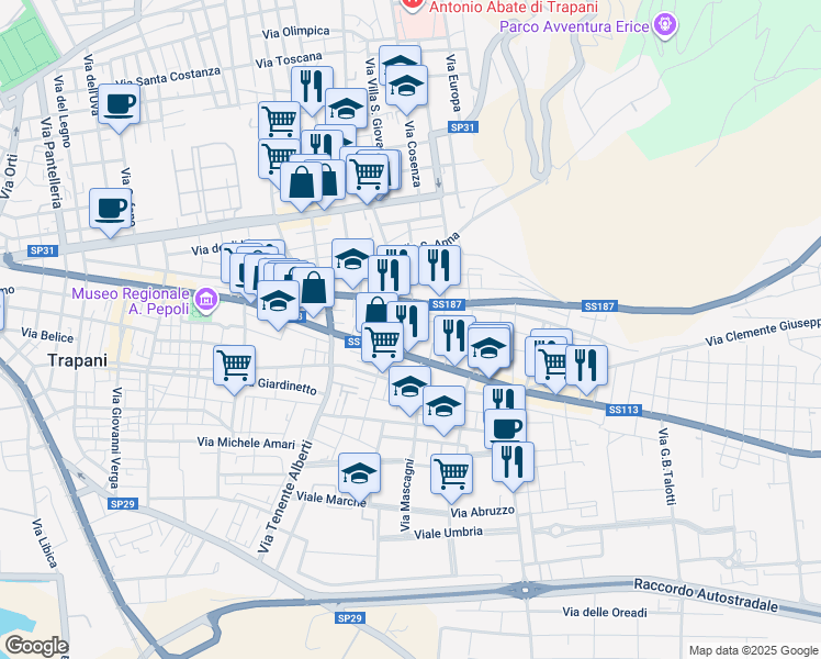 map of restaurants, bars, coffee shops, grocery stores, and more near Via Antonio Amaro in Casa Santa
