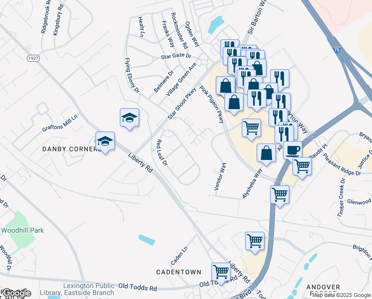 map of restaurants, bars, coffee shops, grocery stores, and more near Red Leaf Drive in Lexington