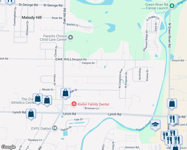 map of restaurants, bars, coffee shops, grocery stores, and more near 3624 Aspen Drive in Evansville