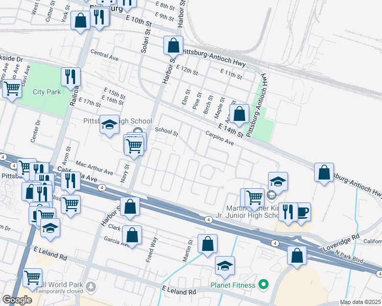 map of restaurants, bars, coffee shops, grocery stores, and more near 636 School Street in Pittsburg