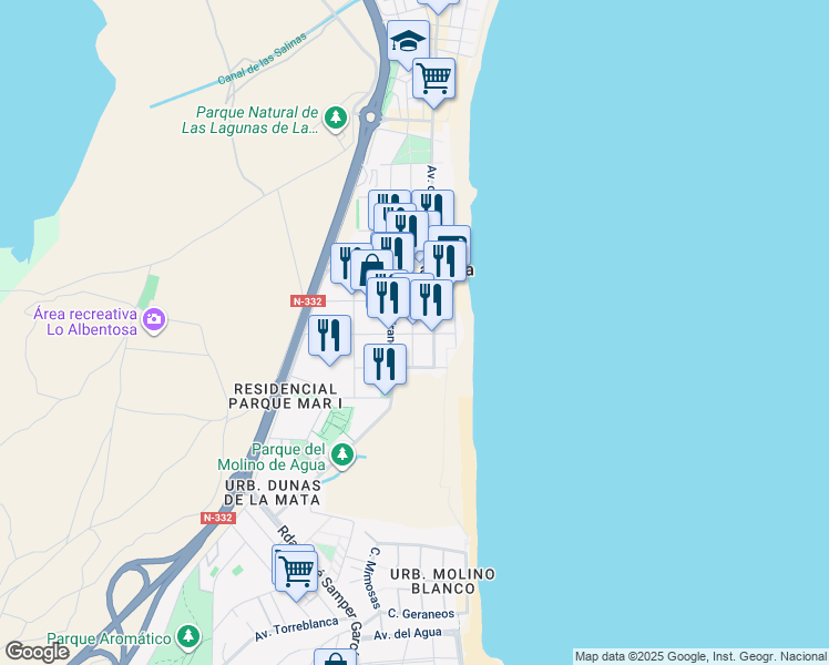 map of restaurants, bars, coffee shops, grocery stores, and more near 44 Avenida de Francia in Torrevieja