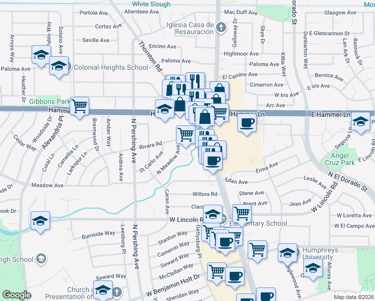 map of restaurants, bars, coffee shops, grocery stores, and more near 1084 Rivara Road in Stockton