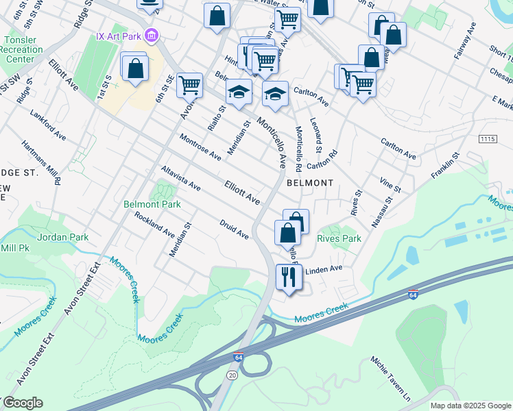 map of restaurants, bars, coffee shops, grocery stores, and more near 1013 Elliott Avenue in Charlottesville