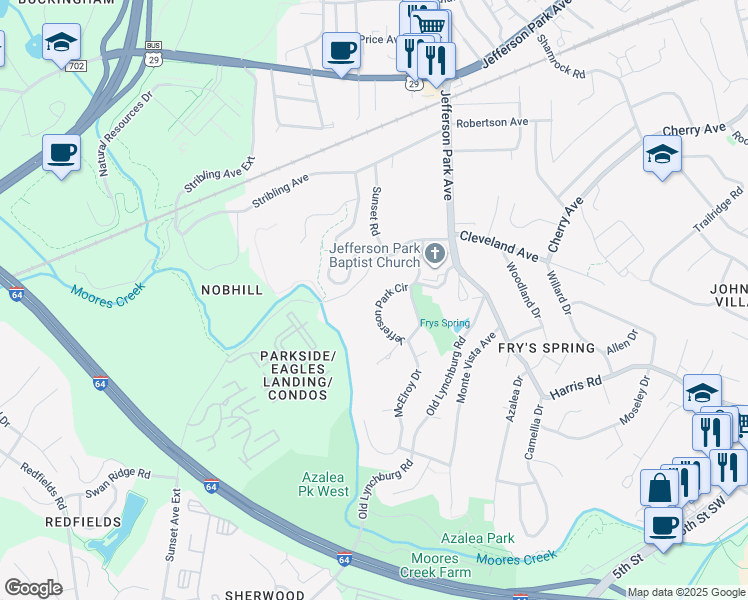 map of restaurants, bars, coffee shops, grocery stores, and more near 2607 Jefferson Park Circle in Charlottesville
