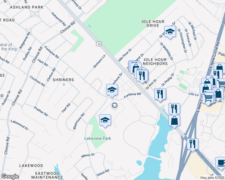 map of restaurants, bars, coffee shops, grocery stores, and more near 163 Lakeshore Drive in Lexington