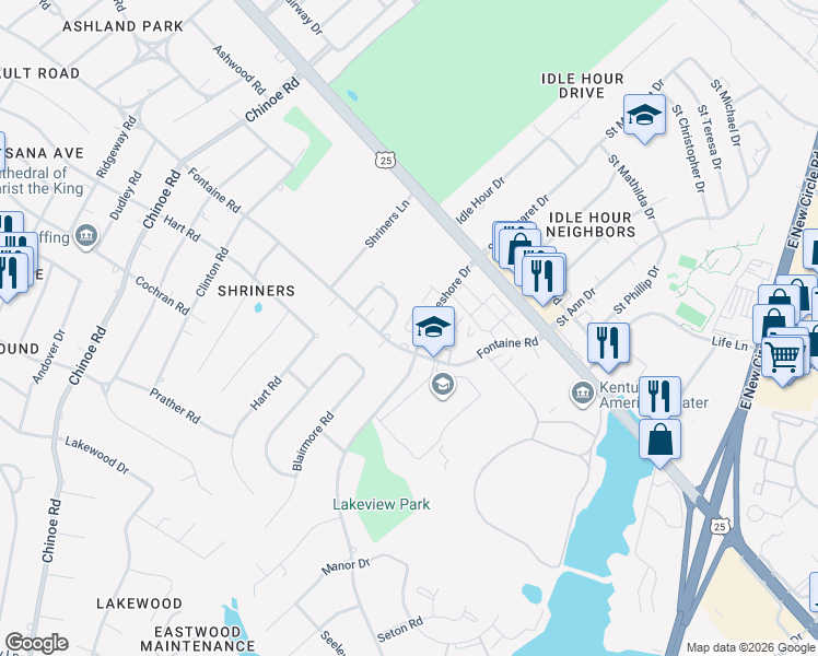 map of restaurants, bars, coffee shops, grocery stores, and more near 266 Fontaine Circle in Lexington