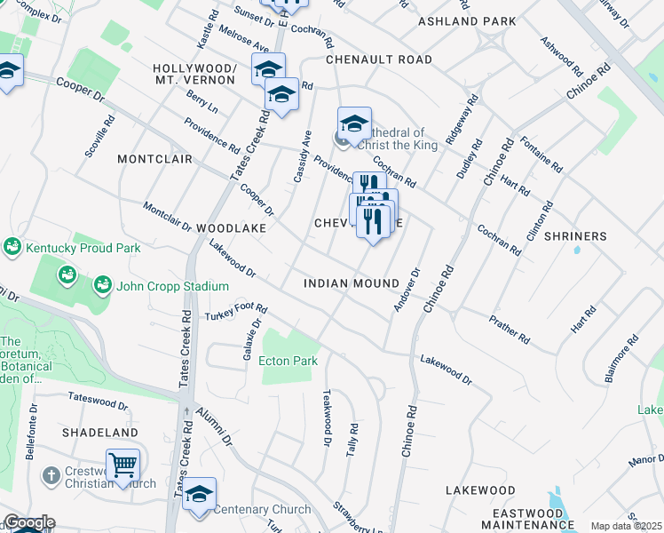 map of restaurants, bars, coffee shops, grocery stores, and more near 1133 Cooper Drive in Lexington