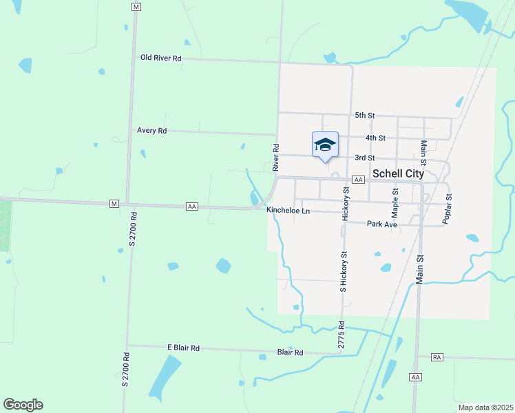 map of restaurants, bars, coffee shops, grocery stores, and more near County Road AA in Schell City