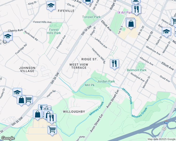 map of restaurants, bars, coffee shops, grocery stores, and more near 103 Baylor Place in Charlottesville