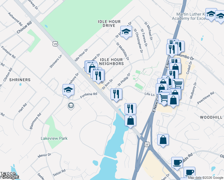 map of restaurants, bars, coffee shops, grocery stores, and more near 2201 Coburn Boulevard in Lexington