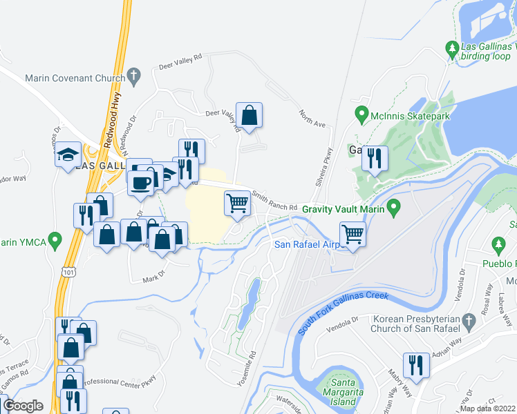 map of restaurants, bars, coffee shops, grocery stores, and more near 22 Dockside Circle in San Rafael