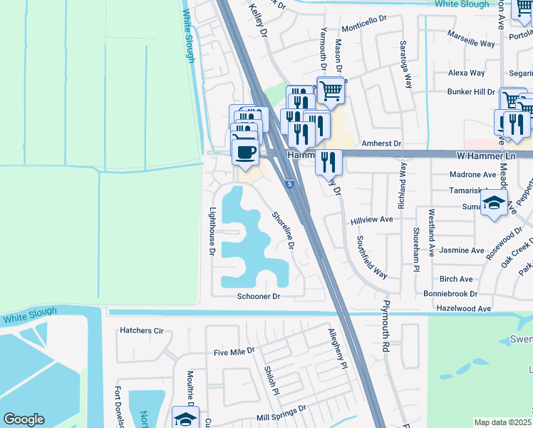 map of restaurants, bars, coffee shops, grocery stores, and more near 7565 Shoreline Drive in Stockton