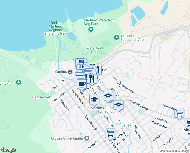 map of restaurants, bars, coffee shops, grocery stores, and more near in Martinez