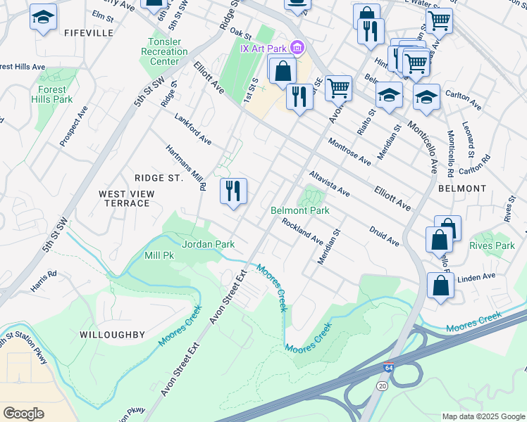 map of restaurants, bars, coffee shops, grocery stores, and more near 1501 Early Street in Charlottesville