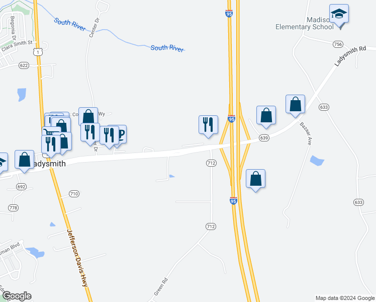 map of restaurants, bars, coffee shops, grocery stores, and more near 8203 Ladysmith Road in Ruther Glen