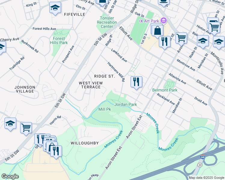 map of restaurants, bars, coffee shops, grocery stores, and more near 108 Hartmans Mill Road in Charlottesville