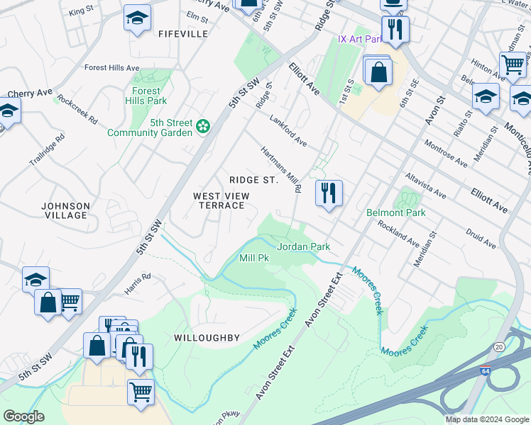 map of restaurants, bars, coffee shops, grocery stores, and more near 152 Baylor Lane in Charlottesville