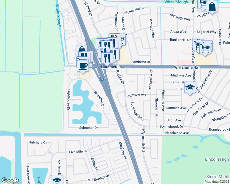 map of restaurants, bars, coffee shops, grocery stores, and more near 7539 Karlsberg Circle in Stockton