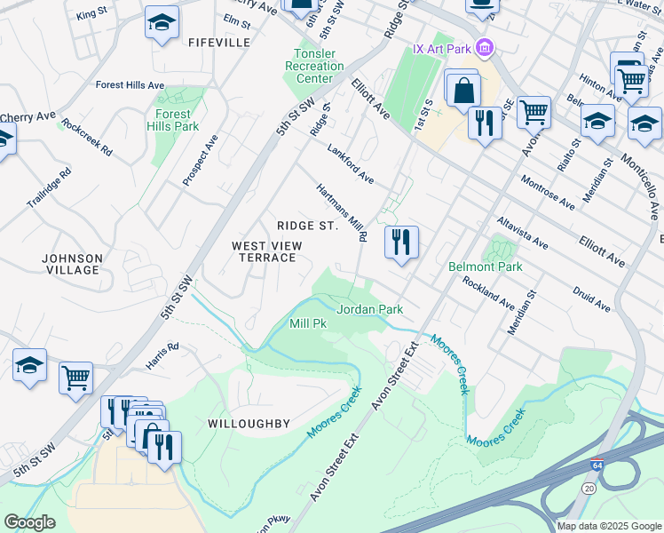 map of restaurants, bars, coffee shops, grocery stores, and more near 118 Roy's Place in Charlottesville