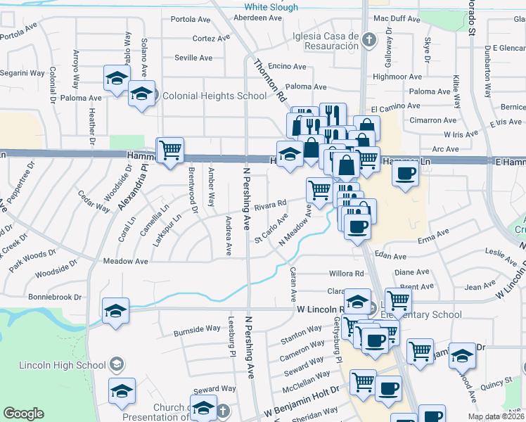 map of restaurants, bars, coffee shops, grocery stores, and more near 7719 Caran Avenue in Stockton