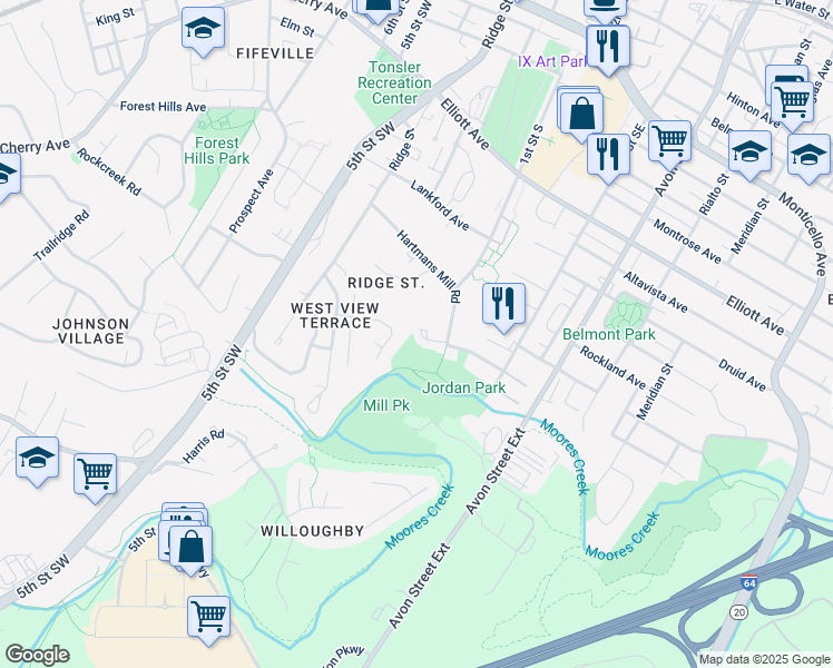 map of restaurants, bars, coffee shops, grocery stores, and more near 118 Roy's Place in Charlottesville